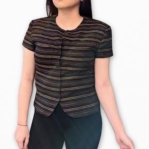 Jones New York Striped Metallic Button Down Short sleeve Blouse Top
